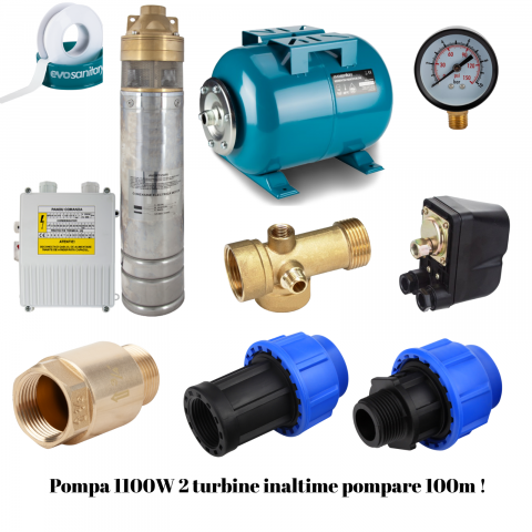 Pachete complete pompe submersibile - Kit Pompare Apă 1100W – Pompa cu 2 Turbine Alamă, 100m