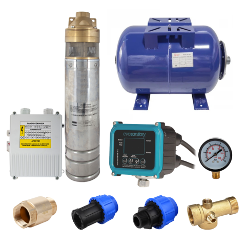 Pachete complete pompe submersibile - Pachet pompă submersibilă 750 W cu presostat electronic Evosanitary și vas expansiune 50 L