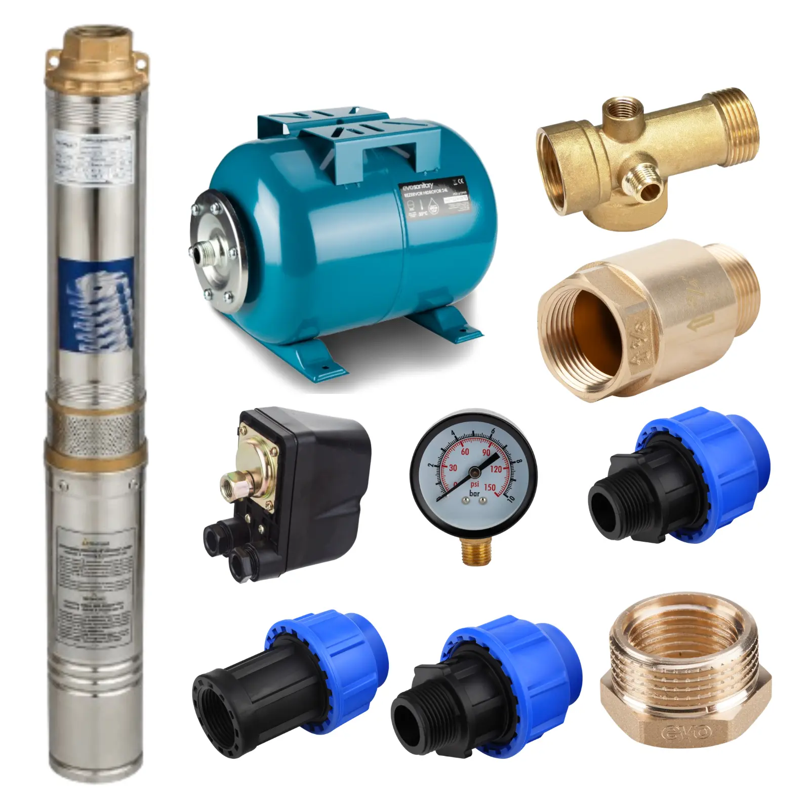 Pachete complete pompe submersibile - Pachet Pompa Submersibilă 8 Turbine EVOSANITARY + Accesorii Hidrofor | Debit 4000 l/h, 54 m, 750W