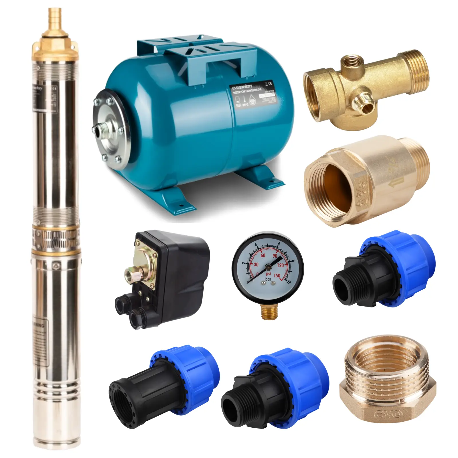 Pachete complete pompe submersibile - Pachet Pompa Submersibilă 8 Turbine EVOSANITARY + Accesorii Hidrofor | Debit 4000 l/h, 54 m, 750W