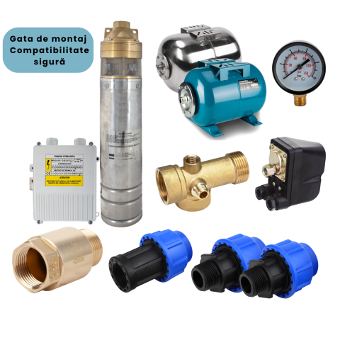 Kit hidrofor complet cu pompă submersibilă 4SKM100 - 750W înăltime refulare 58m - pentru puț – sistem apă casă, vas 24L/50L, accesorii incluse [1]