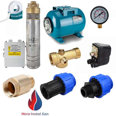 Pachete complete pompe submersibile - Kit hidrofor complet – Pompă submersibilă turbina, inox+alamă, vas 24L, accesorii montaj incluse