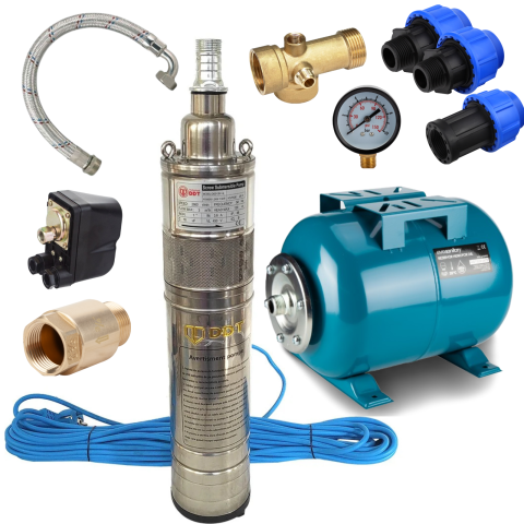 Pachete complete pompe submersibile - Kit pompă submersibilă 120m DDT QGD120 1100W + vas 24L + presostat | Sistem hidrofor complet