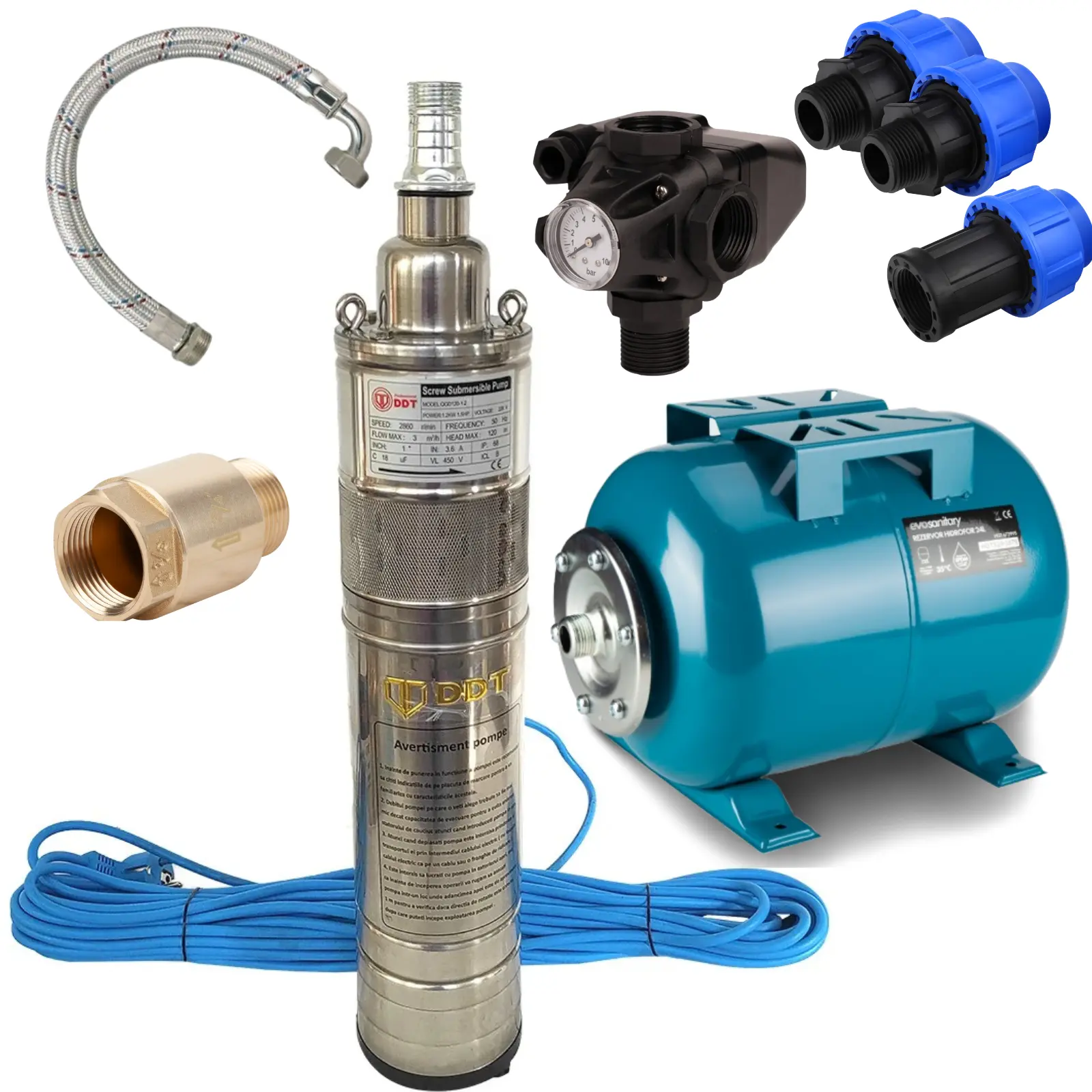 Pachete complete pompe submersibile - Kit pompă submersibilă 120m DDT QGD120 1100W + vas 24L + presostat | Sistem hidrofor complet