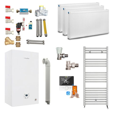 Centrale termice GN/GPL - Pachet Apartament 2 Camere – Centrala Fondital Tenerife KC 24 kW + Calorifere + Termostat WiFi + Kit Armături + Robineți + Kit Evacuare