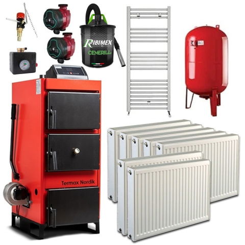 Centrale termice pe lemn - Pachet cazan pe lemn/carbune Termax Nordik 29 kW cu ventilator si automatizare, Calorifere, Vas Expansiune, Grup Siguranta, Pompe Recirculare, Regulator Tiraj, Aspirator cenusa
