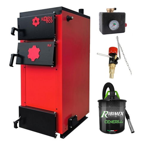 Centrale termice pe lemn - Pachet Centrala/Cazan pe lemn KOPH ECO 35 kW, cu ardere standard, 210 mp, volum manta apa 87 litri, diametru cos fum ⌀179 mm, randament 86%, Grup Siguranta KOPH, Regulator de Tiraj Honeywell