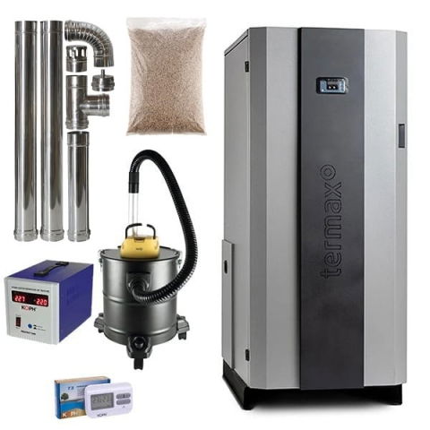 Centrale termice pe pelet - Pachet centrală pe peleți Termax Compact 30 kW, până la 200 mp, buncar 90 kg, vas expansiune & pompă incluse, kit evacuare + termostat + aspirator cenusă