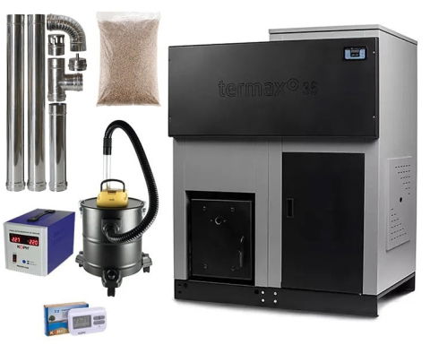 Centrale termice pe pelet - Pachet centrala cu peleti Termax ECO GRI 35 kW, 220 mp, buncar peleti 130 kg, diametru cos fum ⌀80 mm, volum apa 95 litri