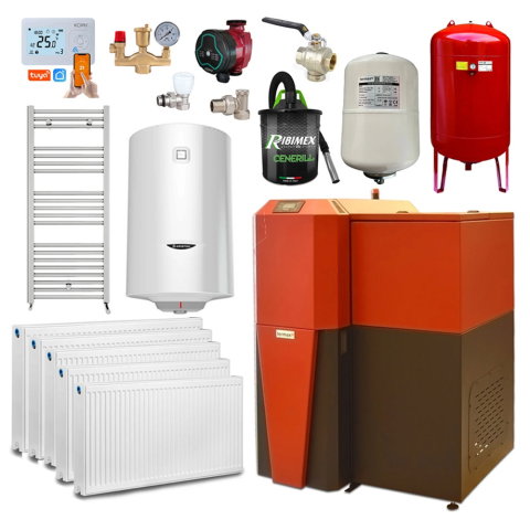 Centrale termice pe pelet - Pachet centrala mixta lemn/pelet Termax Tera 28 kW, 185 mp, buncar peleti 95 kg, volum manta apa 75 litri, diametru cos Ø120 mm