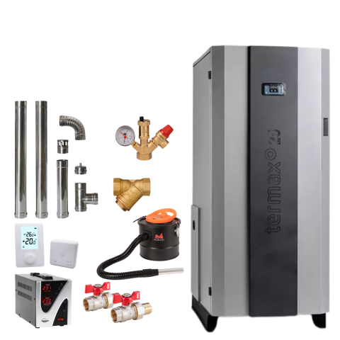 Centrale termice pe pelet - Pachet Centrală pe Peleți Termax Compact 25 kW cu Pompă Recirculare, Buncăr 75 kg, Randament 90,5%, pentru 170 mp