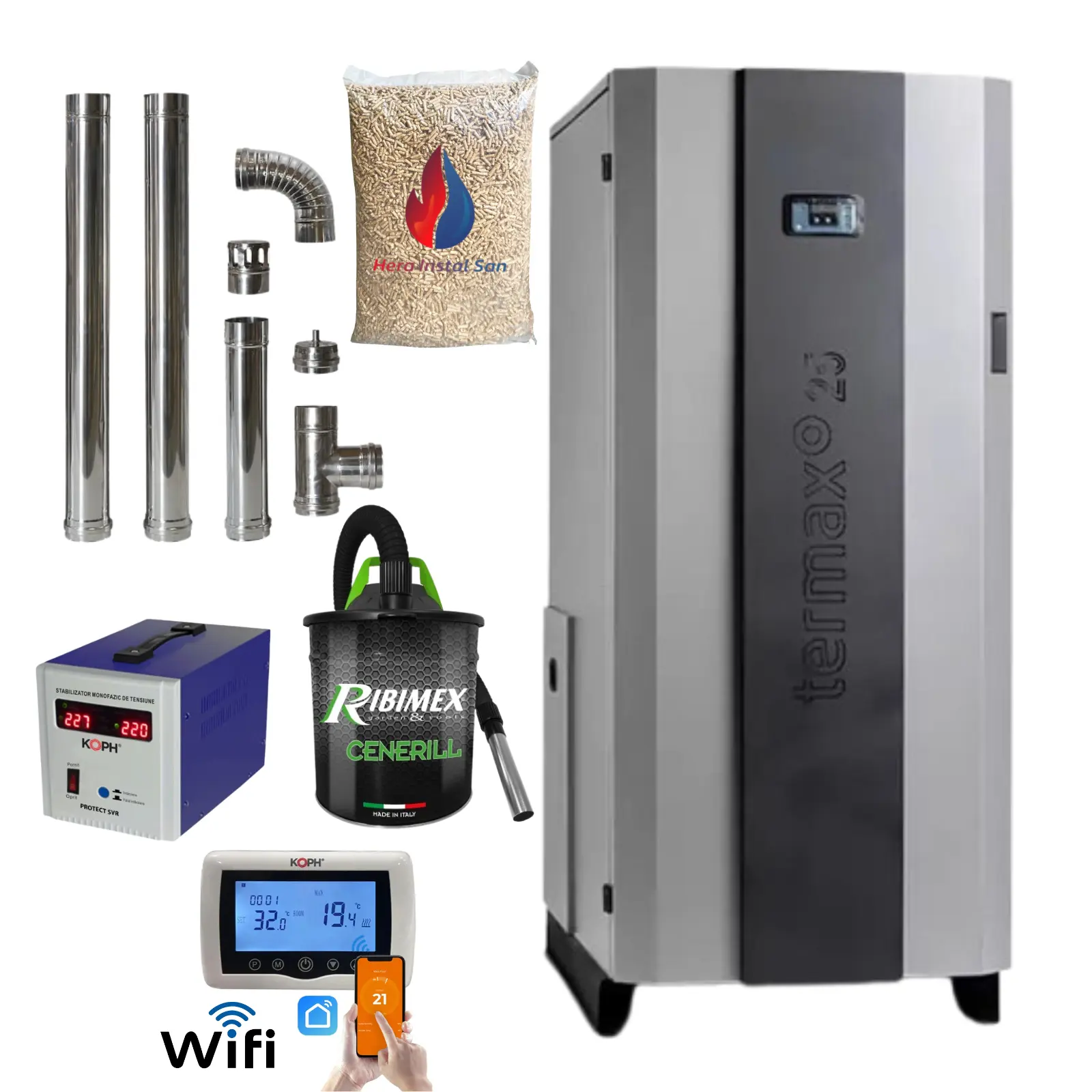 Centrale termice pe pelet - Pachet Centrală pe Peleți Termax Compact 25 kW cu Pompă Recirculare, Buncăr 75 kg, Randament 90,5%, pentru 170 mp