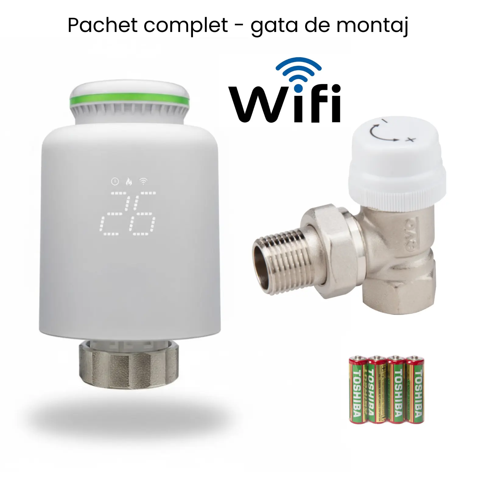 Termostate si automatizari - Pachet complet cap termostatic Smart Wi-Fi Hera Instal M30x1.5 + robinet tur + baterii, control vocal Alexa / Google, programare saptamanală