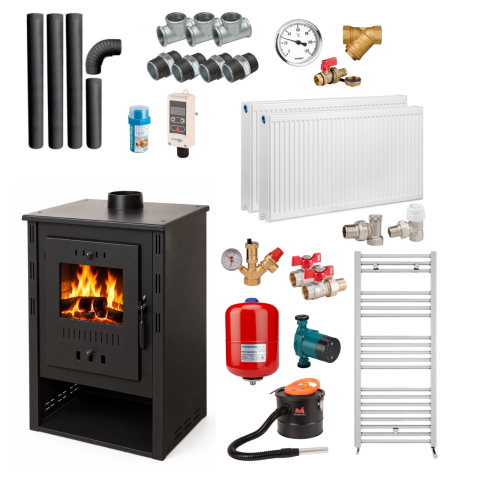 Termosobe pe lemne - Pachet complet încălzire casă – Termosobă pe lemne 11,56 kW, 3 calorifere, pompă, vas expansiune, kit evacuare și accesorii