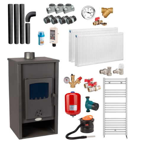 Termosobe pe lemne - Pachet complet încălzire casă – Termosobă pe lemne 13,1 kW, 3 calorifere, pompă, vas expansiune, kit evacuare și accesorii