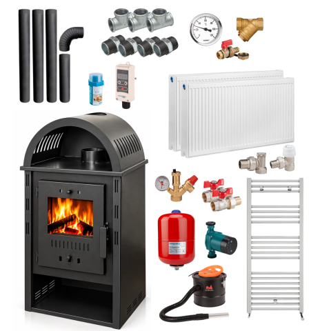 Surse de încălzire - Pachet complet încălzire casă – Termosobă pe lemne Hergon Arcus 12, 11,56 kW, 3 calorifere, pompă, vas expansiune, kit evacuare și accesorii