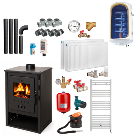 Termosobe pe lemne - Pachet complet încălzire casă – Termosobă pe lemne 11,56 kW, 3 calorifere, boiler termoelectric, pompă, vas expansiune, kit evacuare și accesorii