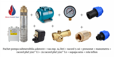Kit hidrofor complet – Pompă submersibilă turbina, inox+alamă, vas 24L, accesorii montaj incluse [1]