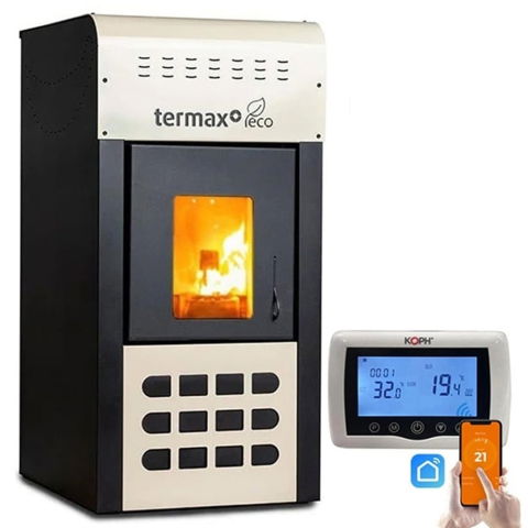 Termoseminee peleți - Pachet control inteligent - Termosemineu pe peleti Termax Kamin ECO, 25 kW, 160 mp, buncar peleti 45 kg, volum apa 42 litri, diametru cos fum ⌀80 mm, vas expansiune, pompa recirculare incluse, Crem si