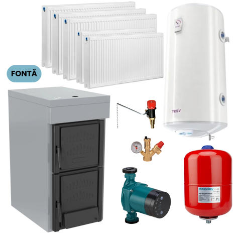 Centrale termice pe lemn - Pachet încălzire complet cazan fontă Hera Instal LX4 + 4 calorifere + boiler termo TESY 80L