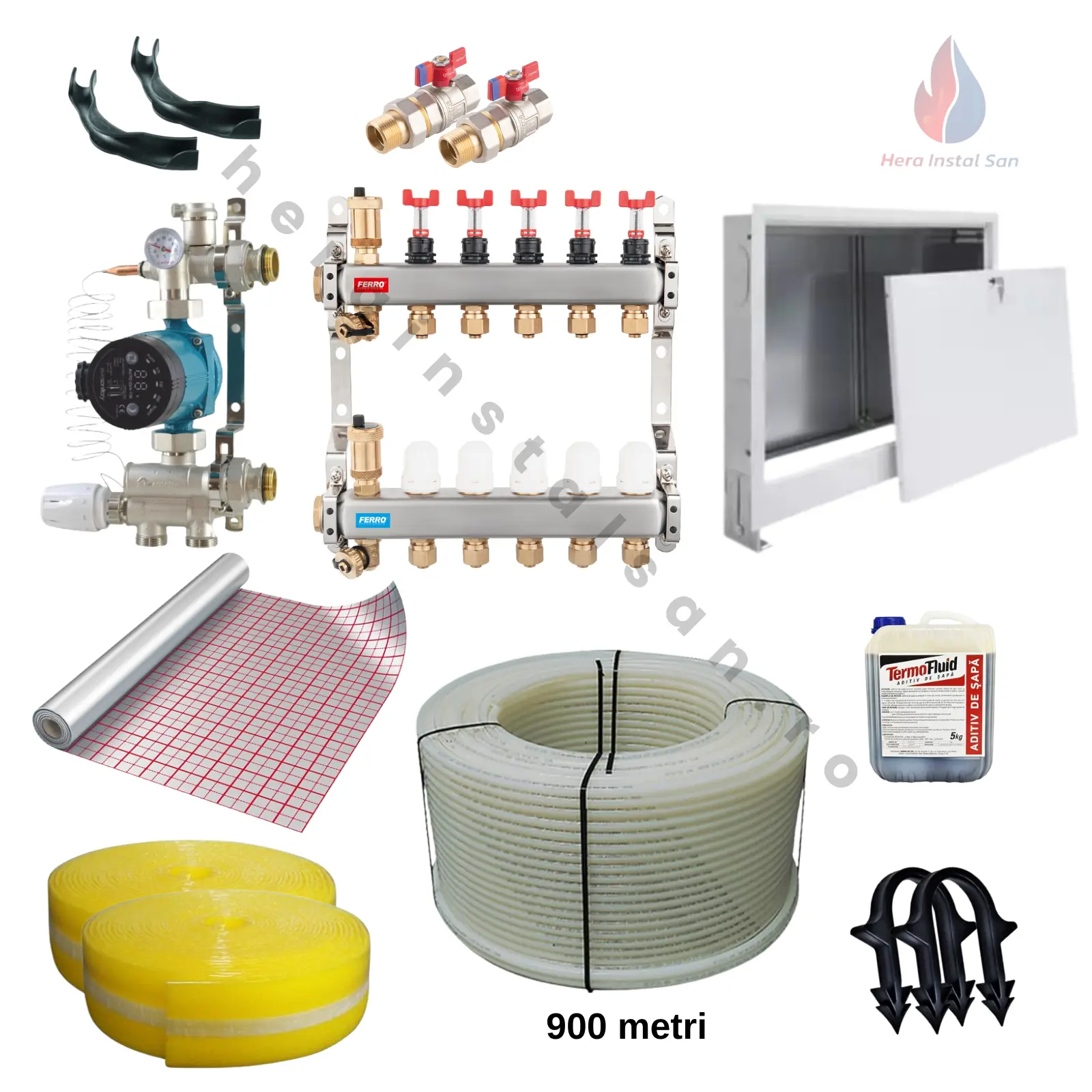 Pachete încălzire în pardoseală - Pachet încălzire în pardoseală 90 mp – 900 m țeavă PEX-A EVOH 16 mm, distribuitor inox, grup amestec și pompă – sistem complet