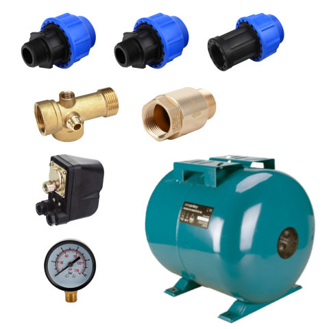 Accesorii - Pachet montaj pompă submersibilă 1” cu vas expansiune 50L, presostat, manometru și racord 5 căi
