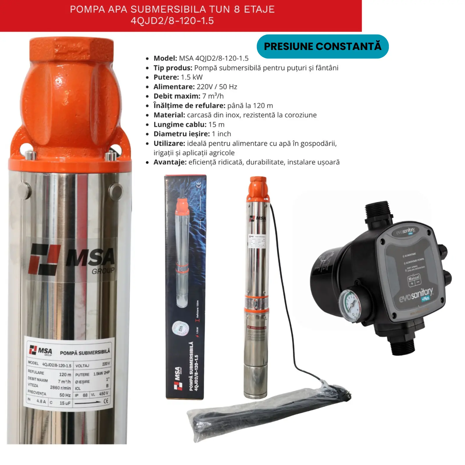 Pachete complete pompe submersibile - Pachet Pompa Submersibilă 1.5kW + Prescontrol cu Vas Tampon