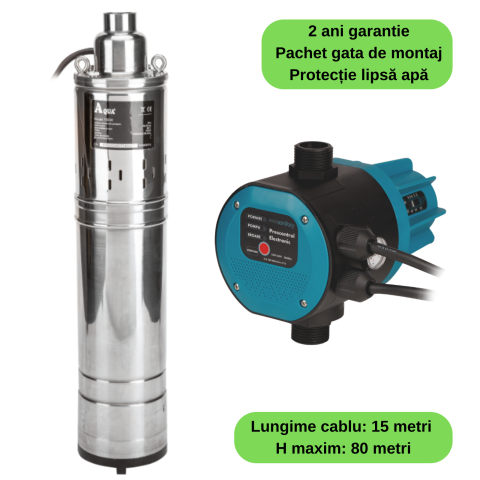 Pachet Complet Alimentare Apă – Pompă Submersibilă 4” 750W 80m Inox + Prescontrol Automat Evosanitary, Cablu 15m Inclus [1]