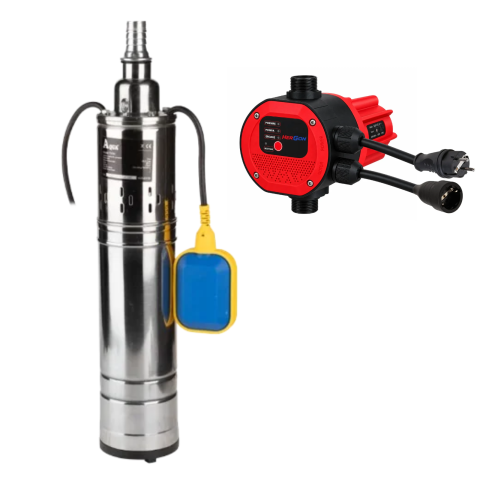 Pachete complete pompe submersibile - Pachet Complet Alimentare Apă – Pompă Submersibilă 4” 750W 80m Inox + Prescontrol Automat Evosanitary, Cablu 15m Inclus