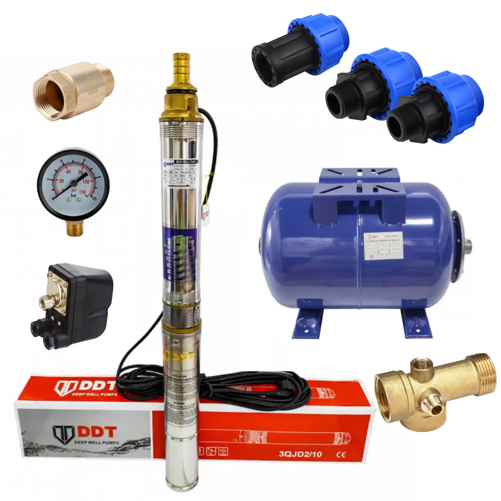 Pachete complete pompe submersibile - Pompa Submersibila 75mm 750W cu Vas 50L si Presostat pentru Foraje Inguste