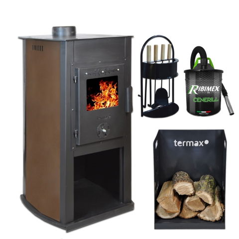 Produse Dolinex - Pachet soba pe lemn Termax Armonia, 8.45 kW, randament 80.36%, 55 m², Maro, set accesorii, aspirator cenusa si suport lemne foc metalic Termax M