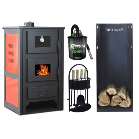 Produse Dolinex - Pachet soba pe lemn Termax Doina, 12.2 kW, randament 84.17%, 80 m², cuptor de gatit integrat, Rosu, set accesorii, aspirator cenusa si suport lemne foc metalic Termax XL