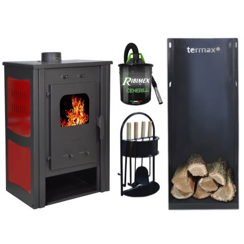 Produse Dolinex - Pachet soba pe lemn Termax Haiduc, 7.02 kW, randament 85.74%, 45 m², Rosu, set accesorii, aspirator cenusa si suport lemne foc metalic Termax XL