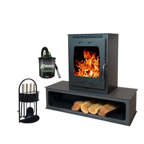 Sobe pe lemn - Pachet soba pe lemn Termax Mina, 9.47 kW, randament 84.32%, 60 m², spatiu depozitare lemne, Negru, set accesorii si aspirator cenusa