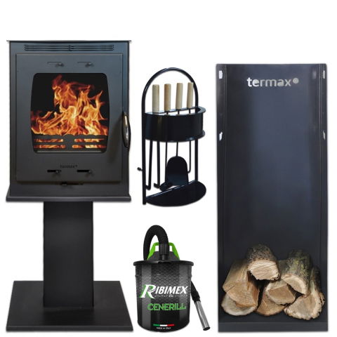 Produse Dolinex - Pachet soba pe lemn Termax Vesta cu picior, 9.47 kW, randament 84.32%, 60 m², Negru, set accesorii, aspirator cenusa si suport lemne foc metalic Termax XL