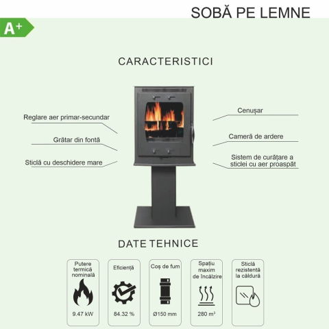 Pachet soba pe lemn Termax Vesta cu picior, 9.47 kW, randament 84.32%, 60 m², Negru, set accesorii, aspirator cenusa si suport lemne foc metalic Termax XL [7]