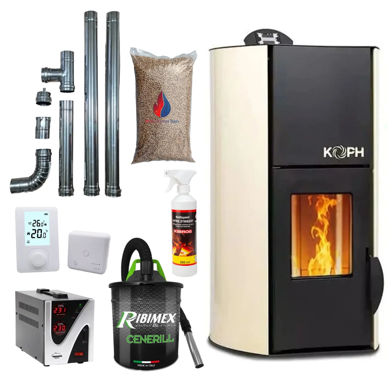 Termoseminee peleți - Termosemineu pe Peleți 18 kW KOPH Crem – Pachet Complet