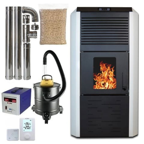 Termoseminee peleți - Pachet termosemineu cu peleti Termax Kamin ECO, 30 kW, 220 mp, buncar peleti 55 kg, volum apa 49 litri, diametru cos fum ⌀80 mm, vas expansiune si pompa recirculare incluse, Alb