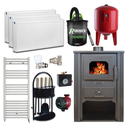 Termosobe pe lemne - Pachet Termosemineu pe lemn Termax Decebal, 11.52 kW, randament 85.59%, 75 m², Bordo, Calorifere, Pompa Recirculare, Grup siguranta, Vas expansiune, Robineti tur/retur, Aspirator cenusa si set accesor