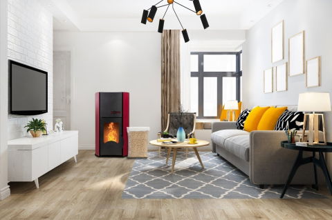 Termosemineu pe peleti KOPH PM 25 kW Fiama pentru 160 mp, cu buncar 25 kg, pompă recirculare și vas expansiune incluse. Eficiență, confort și design elegant Bordo. [1]