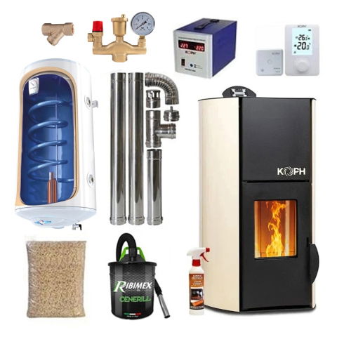 Termoseminee peleți - Pachet termosemineu pe peleti KOPH PM 12 kW, 80 mp, buncar peleti 12 kg, diametru cos fum ⌀80 mm, pompa recirculare si vas expansiune incorporate, Crem, Grup siguranta, Filtru Y si Boiler termoelectri