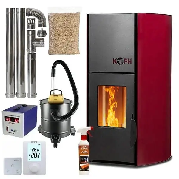 Termoseminee peleți - Pachet Termosemineu pe Peleti KOPH PM 12 kW, pentru 80 mp, Buncăr 12 Kg, Vas Expansiune și Pompă Incluse, Bordo + Accesorii