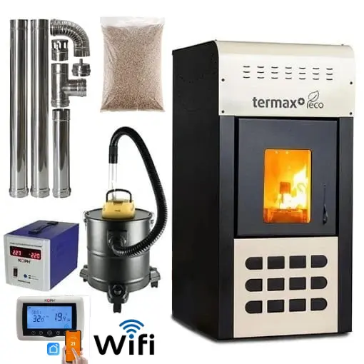 Surse de încălzire - Pachet termosemineu pe peleți Termax Kamin ECO 25 kW – încălzire până la 160 mp, cu vas expansiune, pompă recirculare și accesorii incluse