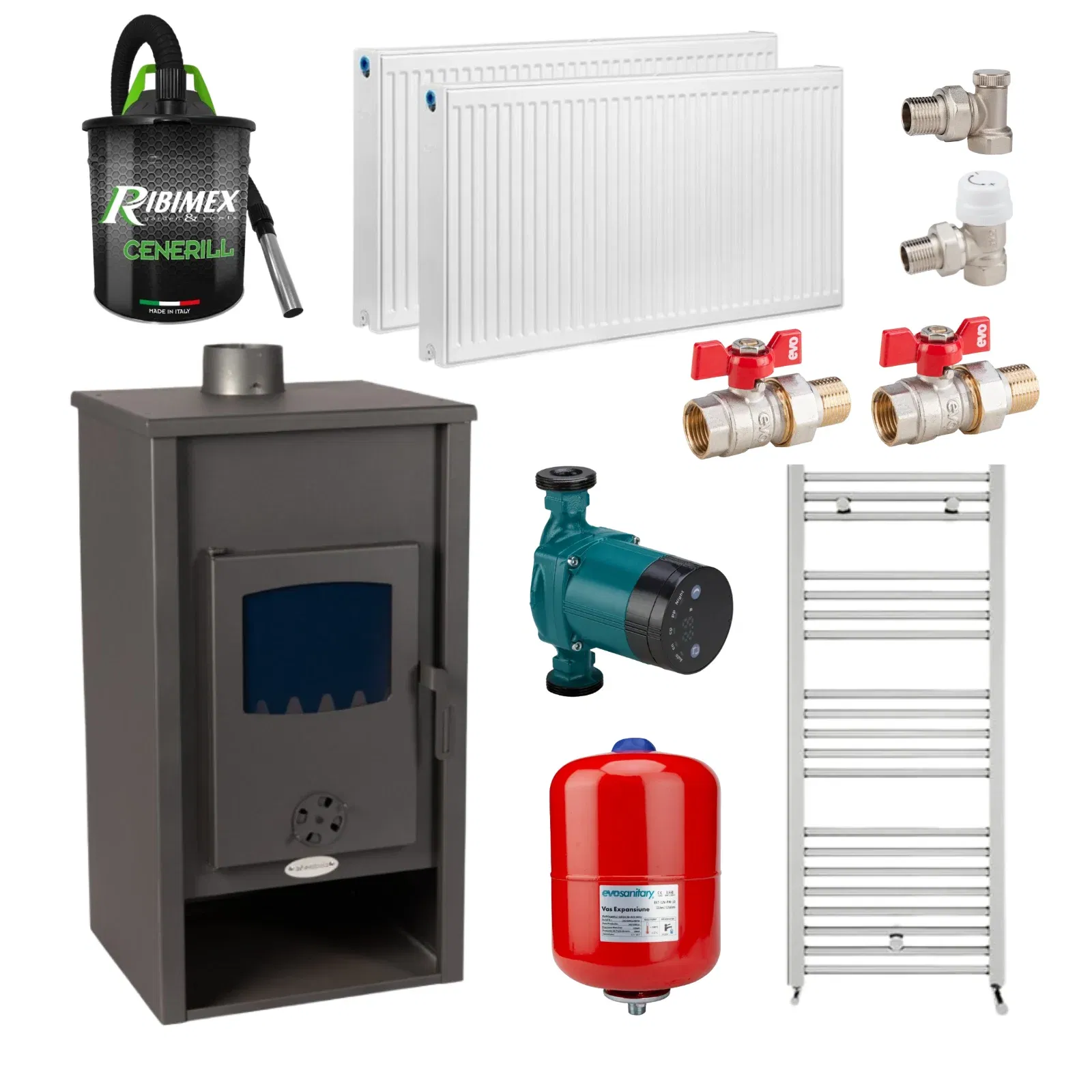 Termosobe pe lemne - Pachet complet termosobă pe lemne 13.1 kW, 2 calorifere 600x800, pompă electronică și vas expansiune 24L , robineti – încălzire eficientă până la 85 m².