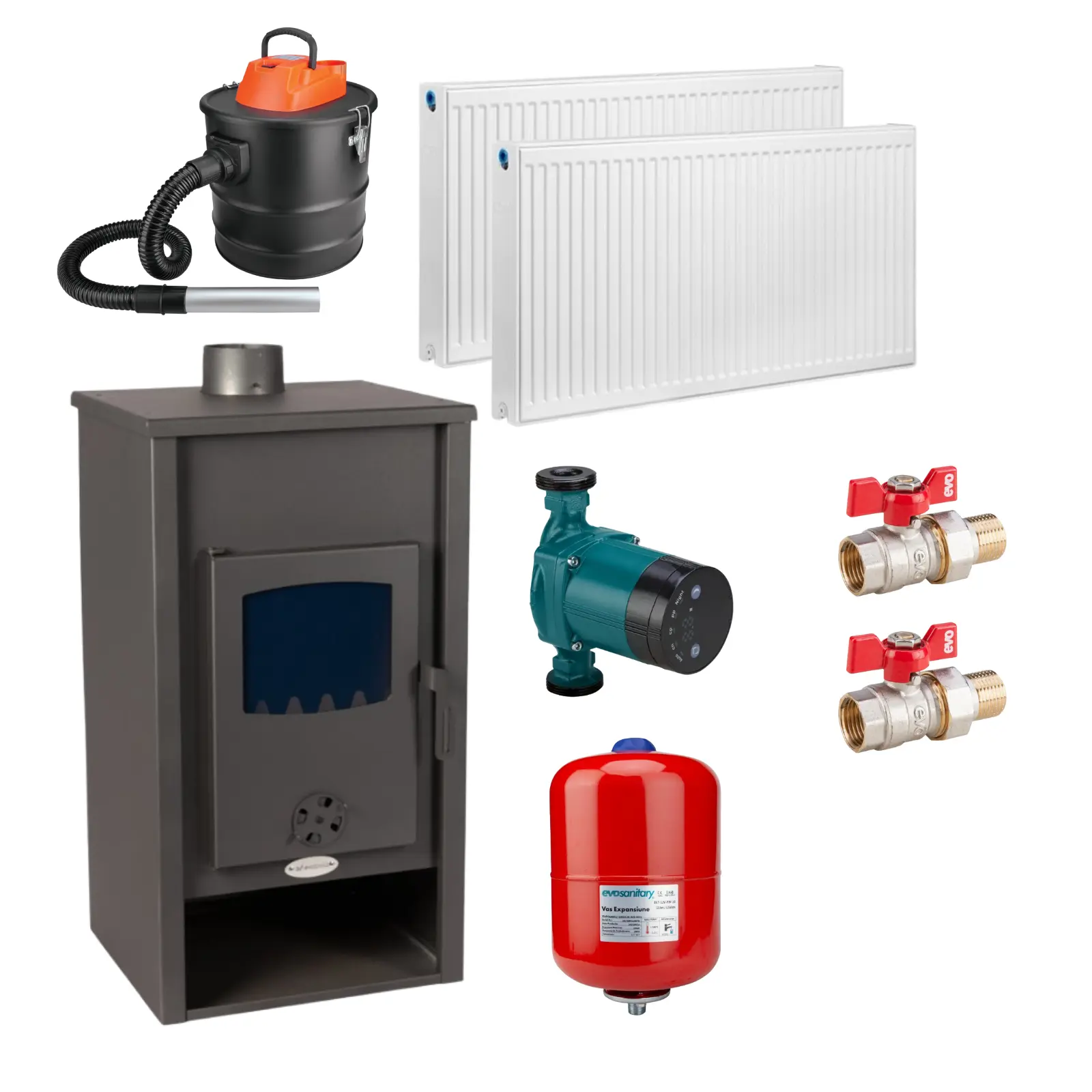 Termosobe pe lemne - Pachet complet termosobă pe lemne 13.1 kW, 2 calorifere 600x800, pompă electronică și vas expansiune 24L , robineti – încălzire eficientă până la 85 m².