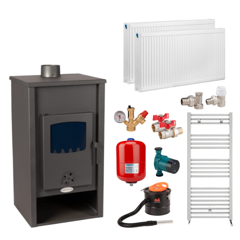 Termosobe pe lemne - Pachet complet termosobă pe lemne 13.1 kW, 2 calorifere 600x800, pompă electronică și vas expansiune 24L , robineti – încălzire eficientă până la 85 m².