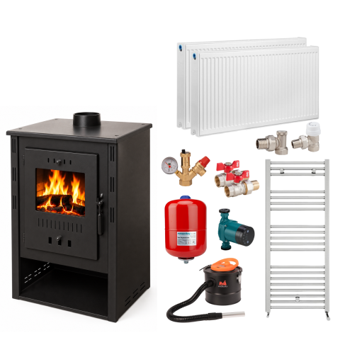 Termosobe pe lemne - Pachet complet termosobă pe lemne 11.56 kW, 2 calorifere 600x800, pompă electronică și vas expansiune 24L , robineti – încălzire eficientă până la 85 m².