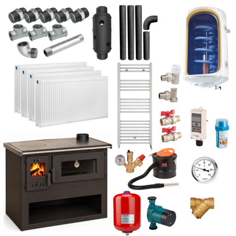 Termosobe pe lemne - Pachet termosobă pe lemne 12,2 kW cu cuptor – Hergon Calor 12 - include kit evacuare si conexiuni + boiler termoelectric 100 litri
