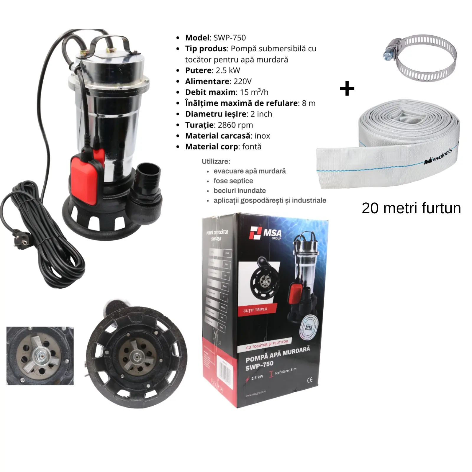 Pachete complete pompe submersibile - Pompa Apa Murdara cu Tocator 2.5kW + Furtun 20m 2” | MSA3441 SWP-750