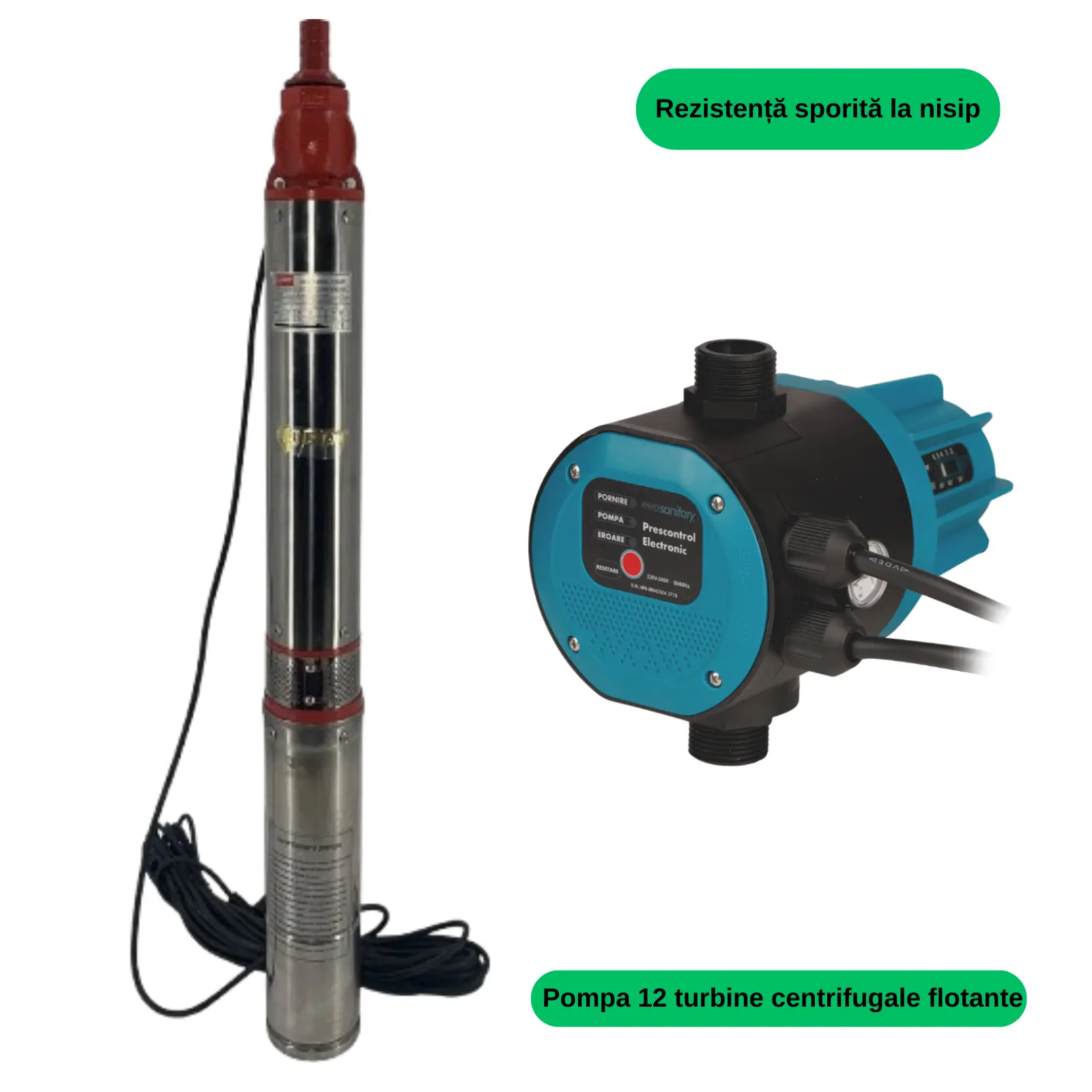 Pachete complete pompe submersibile - Pompa Submersibilă 1800W cu 12 Turbine + Prescontrol Electronic | Debit 4000 l/h, 54 m